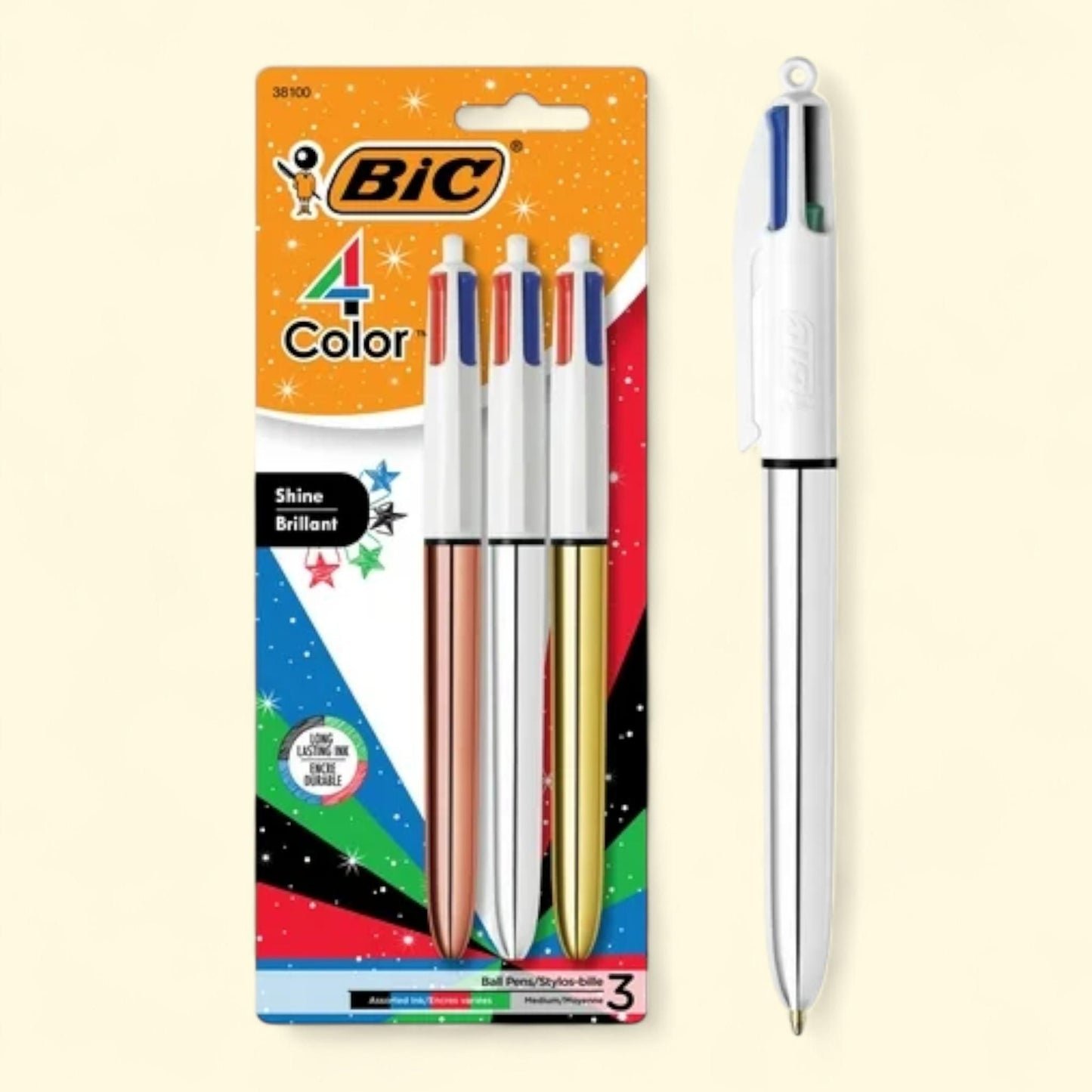 BIC 4 Color Shine Ballpoint Pen, Medium Point, 1.0 mm, Assorted Ink, 3 Count