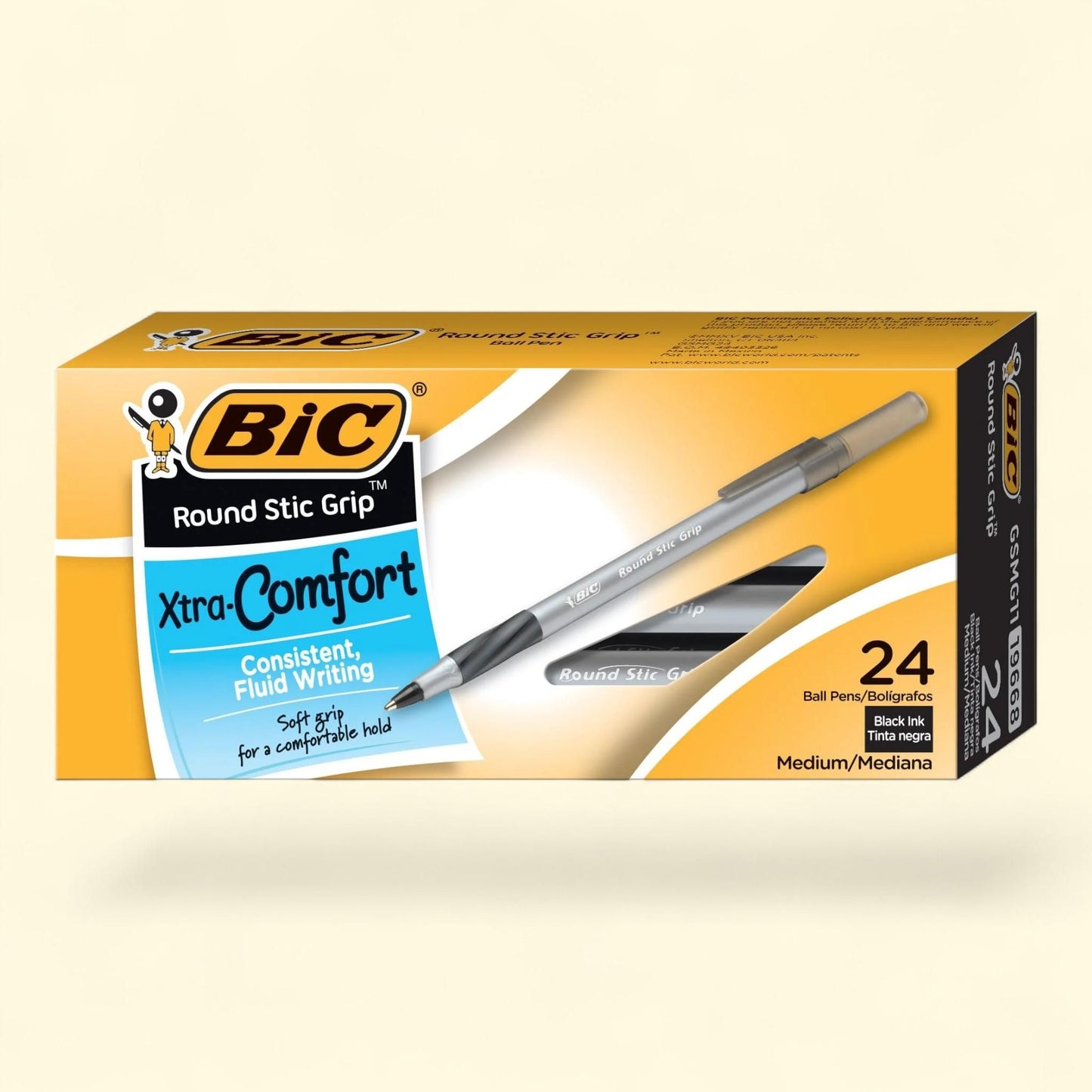 BIC Round Stic Xtra Comfort Ballpoint Pen, Bold Point, 1.2 mm, Black Ink, 24 Count