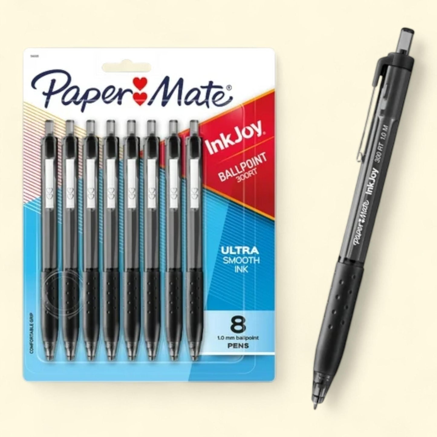 Paper Mate InkJoy 300RT Ballpoint Pens, Medium Point (1.0 mm), Black, 8 Count