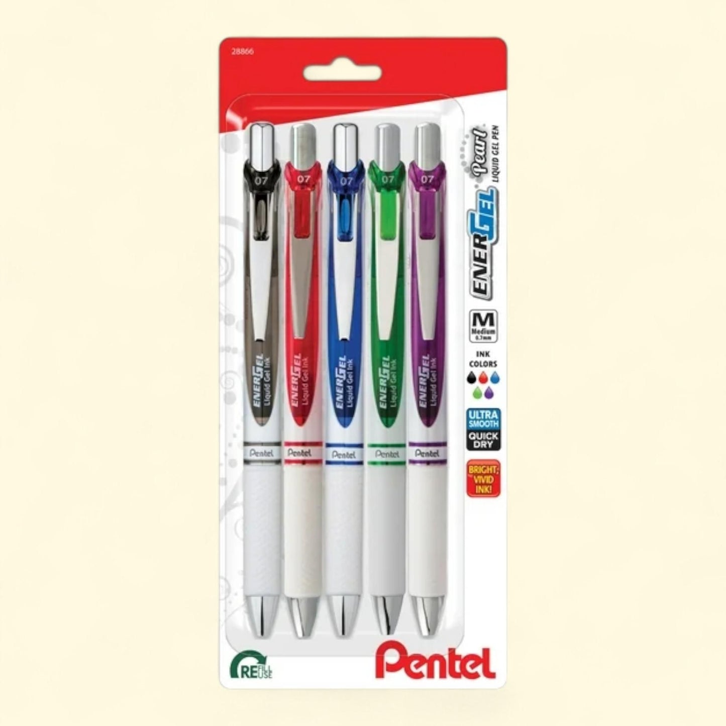 Pentel EnerGel Pearl RTX Gel Ink Pens, Medium Point, 0.7mm, Pack of 5 Pens