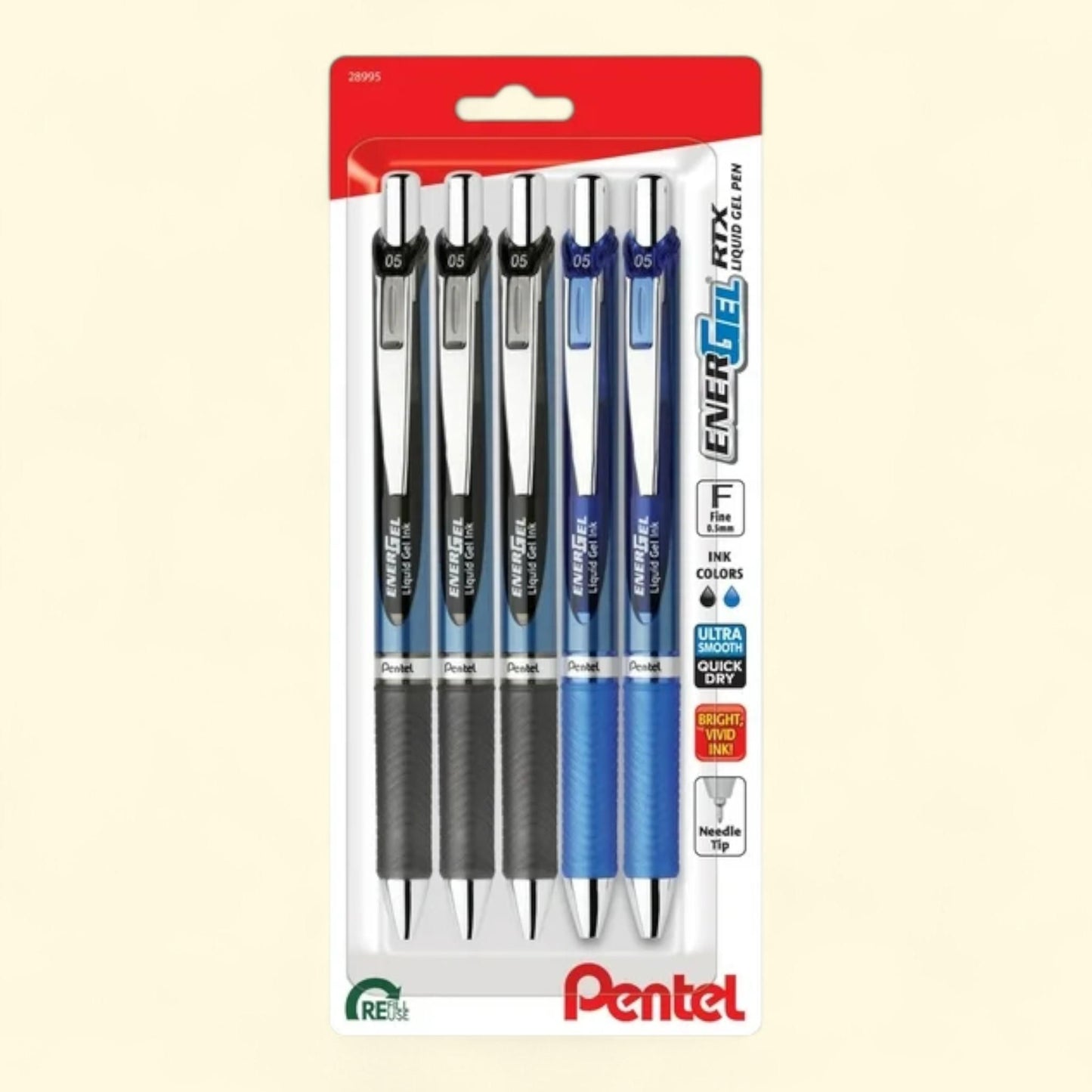 Pentel EnerGel RTX Gel Ink Pens, 0.5mm Fine Point, Pack of 5 Pens
