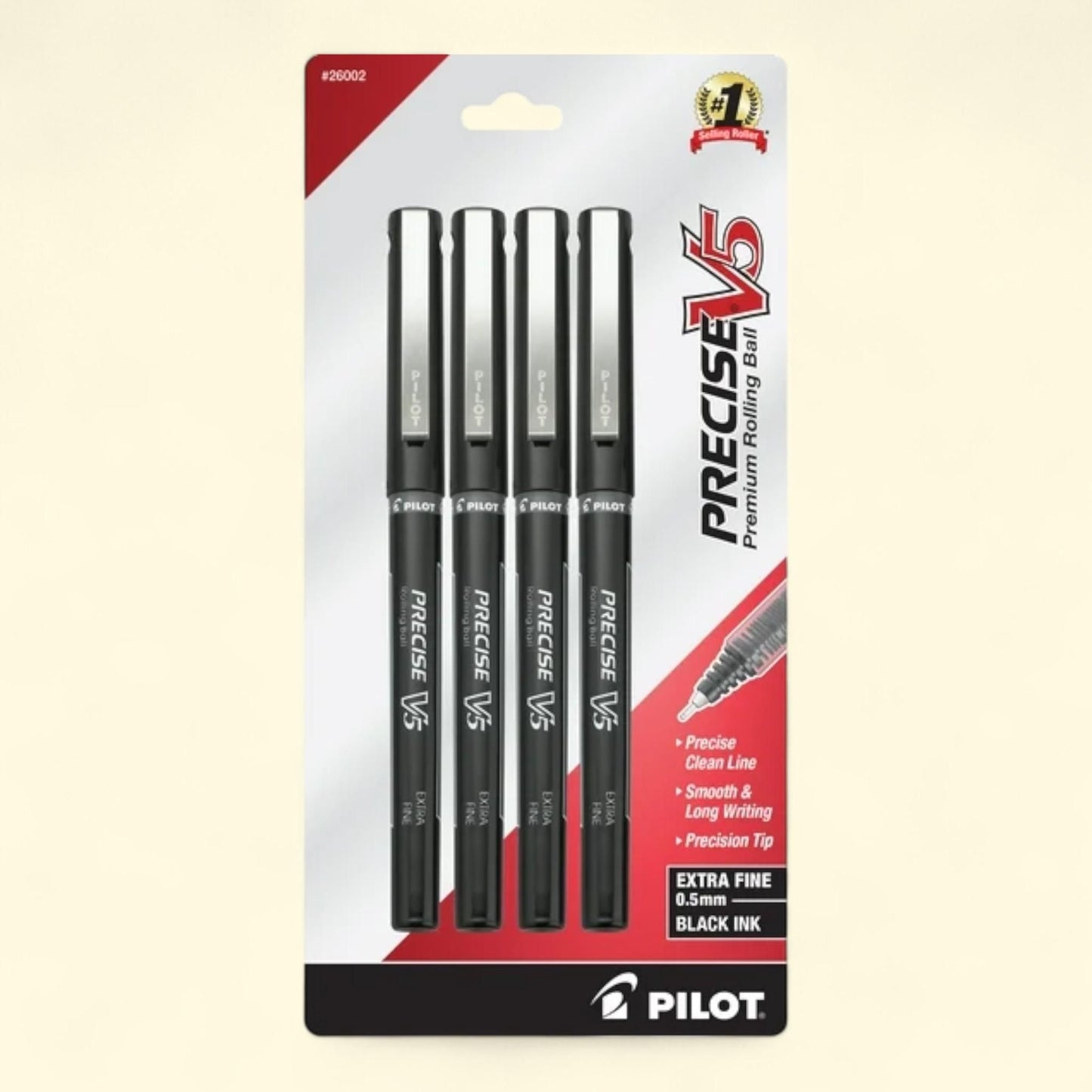 Pilot Precise V5 Rolling Ball Pens, Extra Fine, 0.5mm, Black Ink, 4 Pack