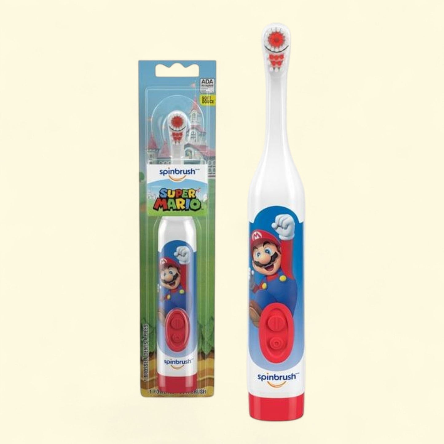 Super Mario Kids Spinbrush Electric Toothbrush, Battery Powered, Ages 3+, Soft Bristles, Size Duracell AA battery