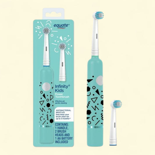 Equate Infinity Kids Toothbrush, Battery Power, Antibacterial Bristles, 1 Handle, 2 Brush Heads, 1 AA Battery