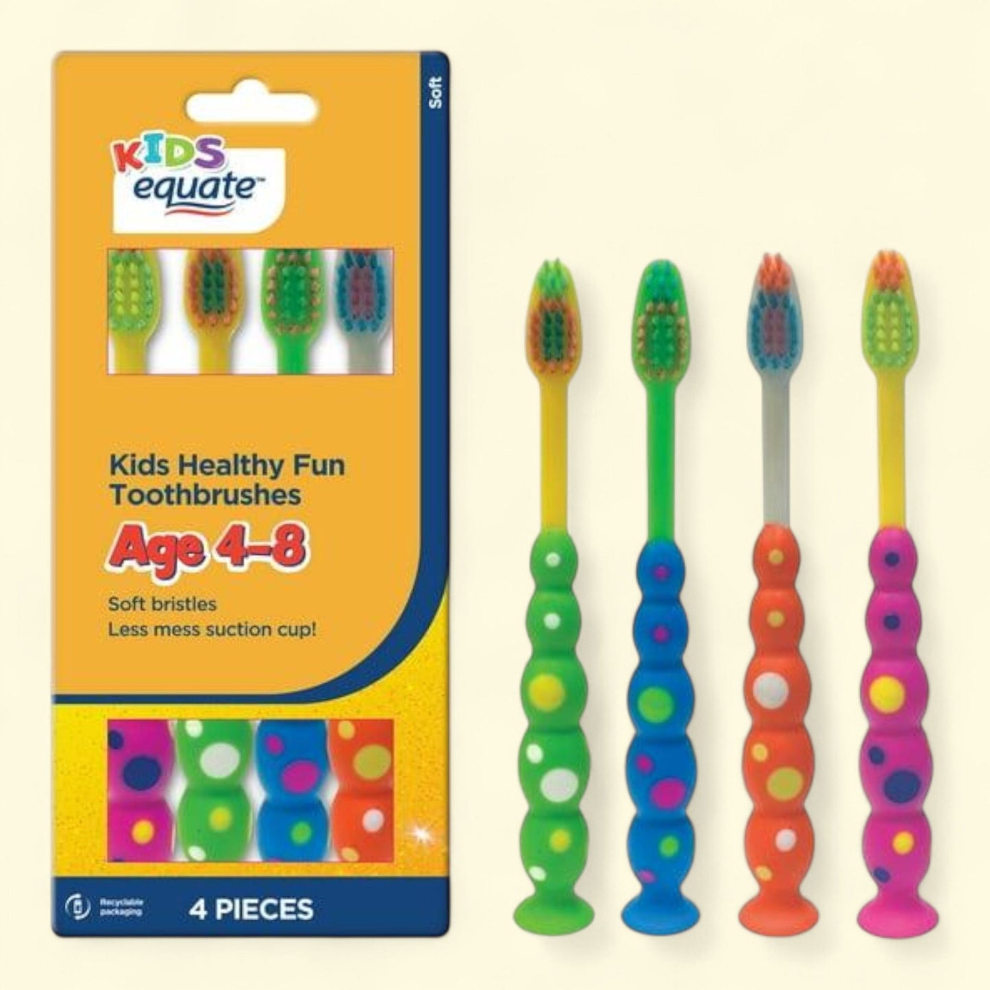 Equate Kids Toothbrushes, Ages 4 to 8, Soft Bristles (4 Count)