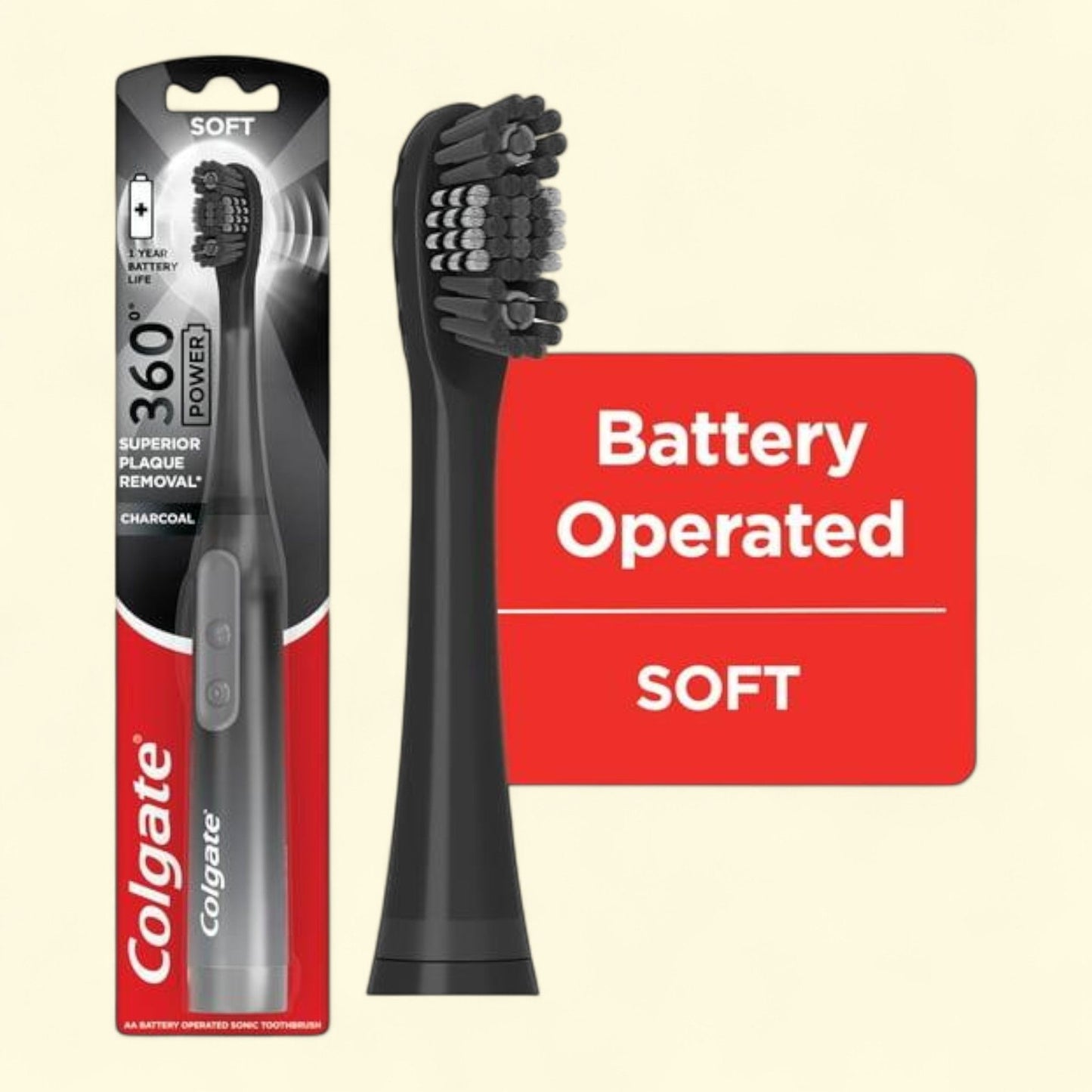 Colgate 360 Power Charcoal Toothbrush, Black, 1 AA Battery Included