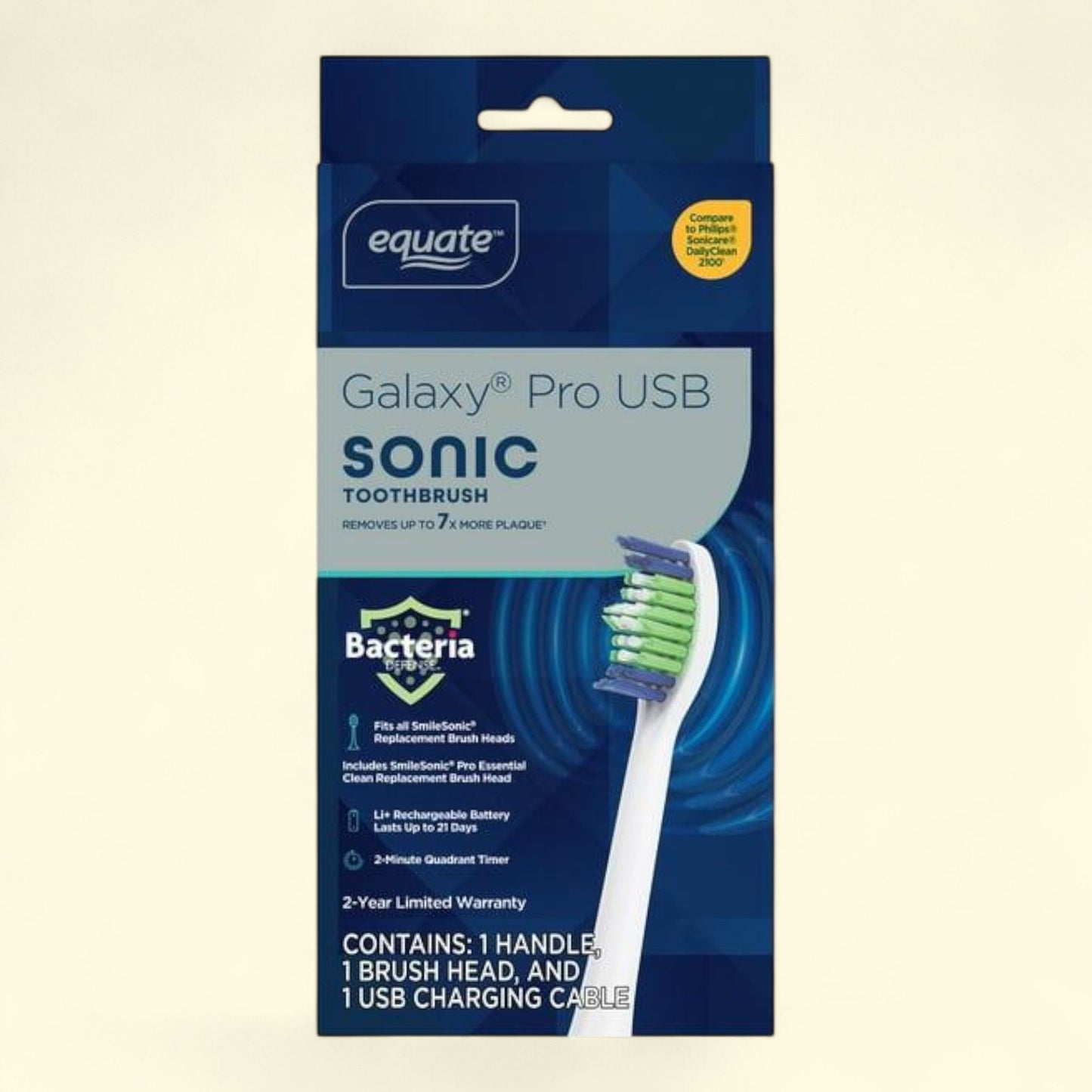 Equate Galaxy Pro USB Sonic Rechargeable Electric Toothbrush, White, 1 Handle, 1 Brush Head, 1 USB Charging Case, Compare to Philips Sonicare Daily Clean 2100