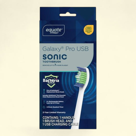Equate Galaxy Pro USB Sonic Rechargeable Electric Toothbrush, White, 1 Handle, 1 Brush Head, 1 USB Charging Case, Compare to Philips Sonicare Daily Clean 2100