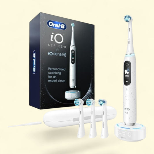 Oral-B iO Series 10 Electric Toothbrush, White, (2) Ultimate Clean and (2) Gentle Care Brush Heads, Charger