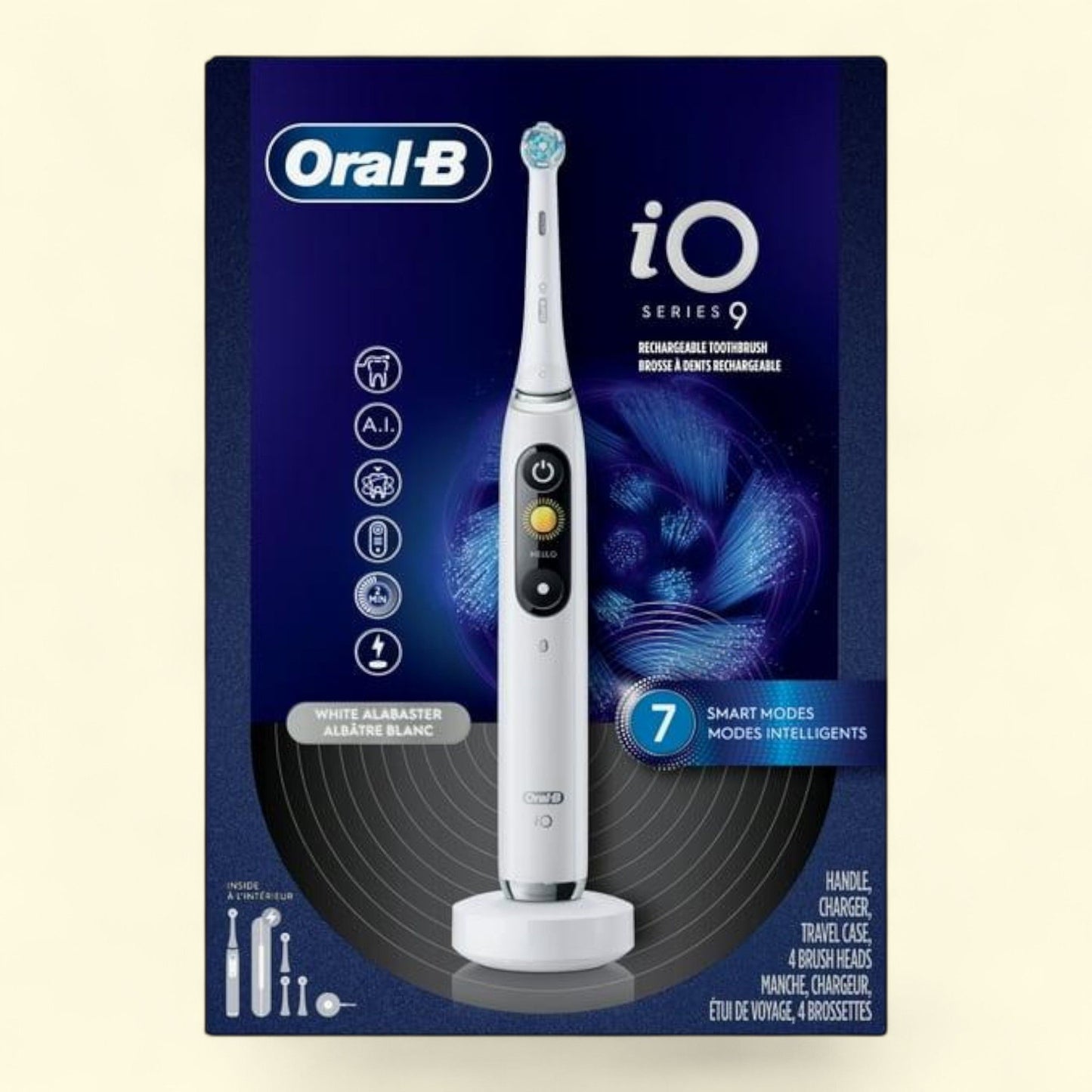 Oral-B iO Series 9 Electric Toothbrush, 4 Brush Heads, White Alabaster