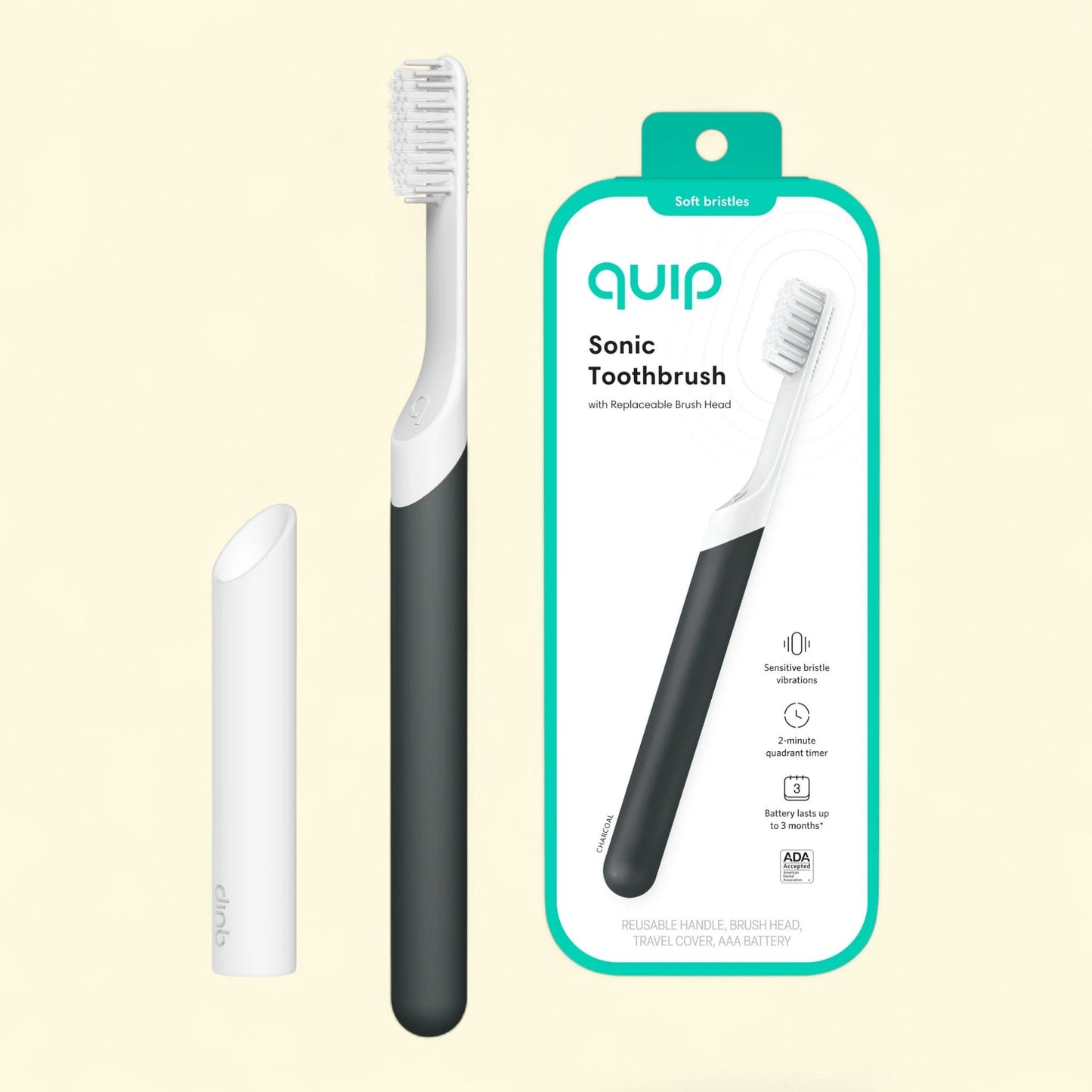 Quip Adult Electric Toothbrush, Full Head, Charcoal, Plastic, Travel Case, Built-in Timer