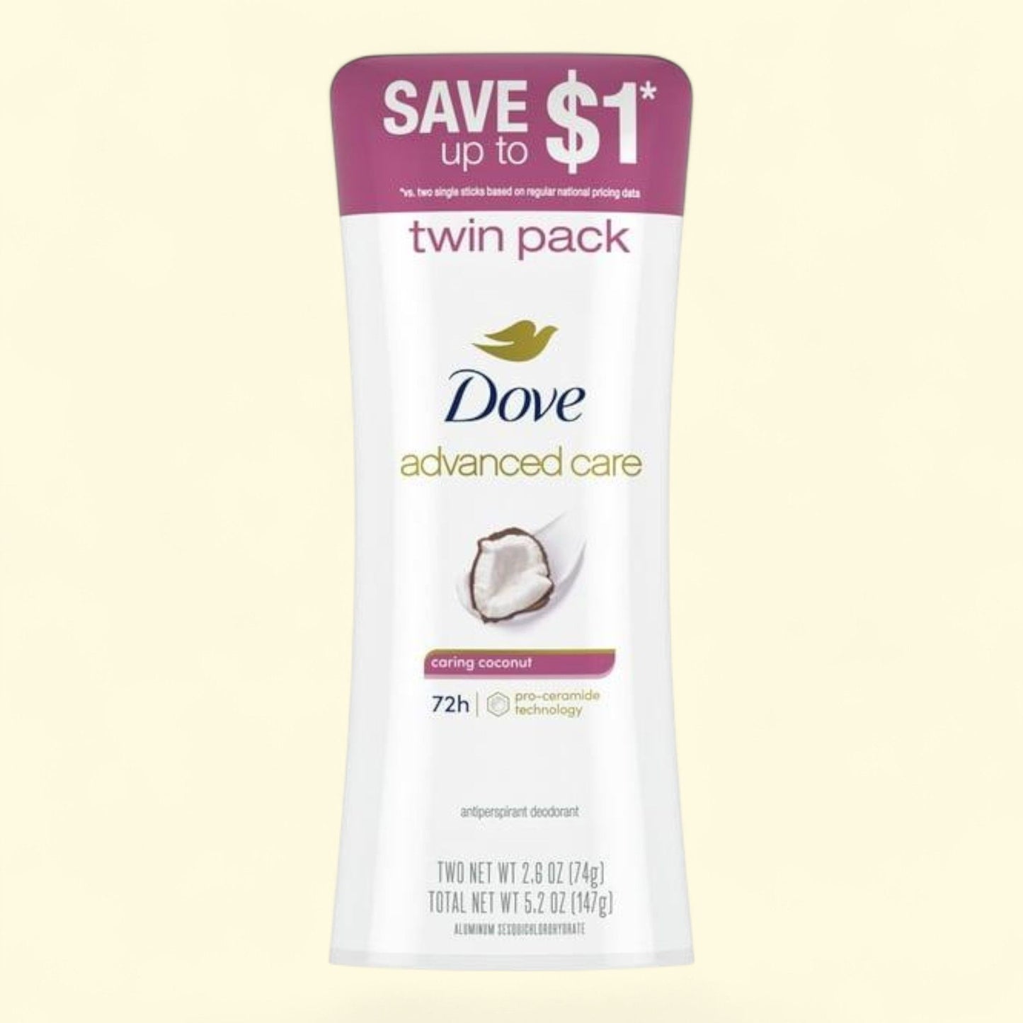 Dove Antiperspirant Deodorant Stick Caring Coconut, 2.6 oz Twin Pack