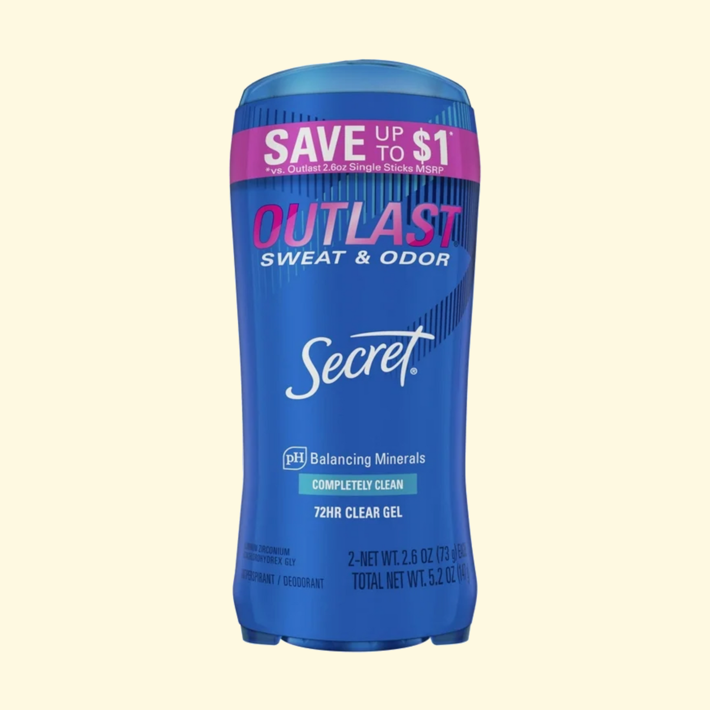 Secret Outlast Clear Gel Antiperspirant Deodorant, Completely Clean, 2.6 oz, Twin Pack
