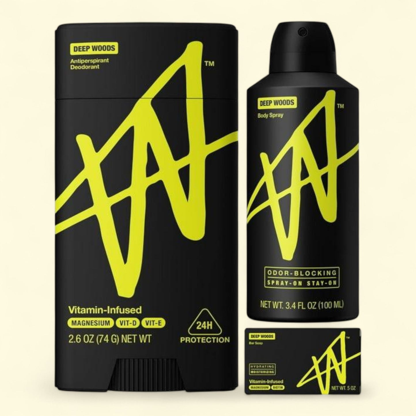 W by Jake Paul Deep Woods Scent Bundle: Sweat-Protection Deodorant + Odor Blocking Body Spray + Hydrating & Moisturizing Soap Bar, 3.4 oz