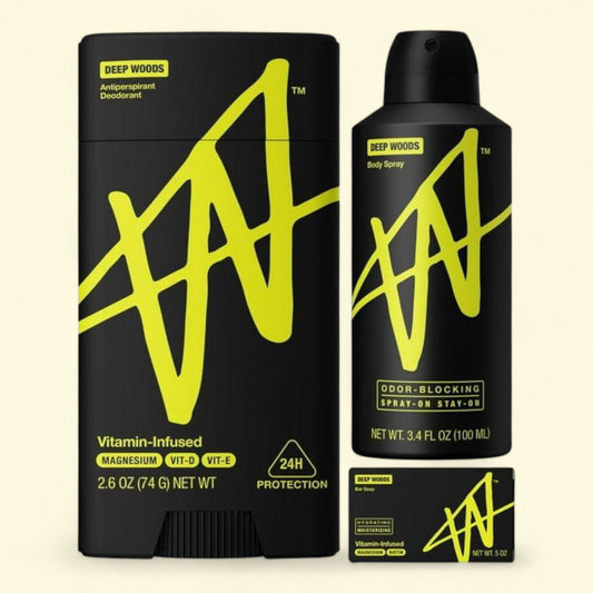 W by Jake Paul Deep Woods Scent Bundle: Sweat-Protection Deodorant + Odor Blocking Body Spray + Hydrating & Moisturizing Soap Bar, 3.4 oz