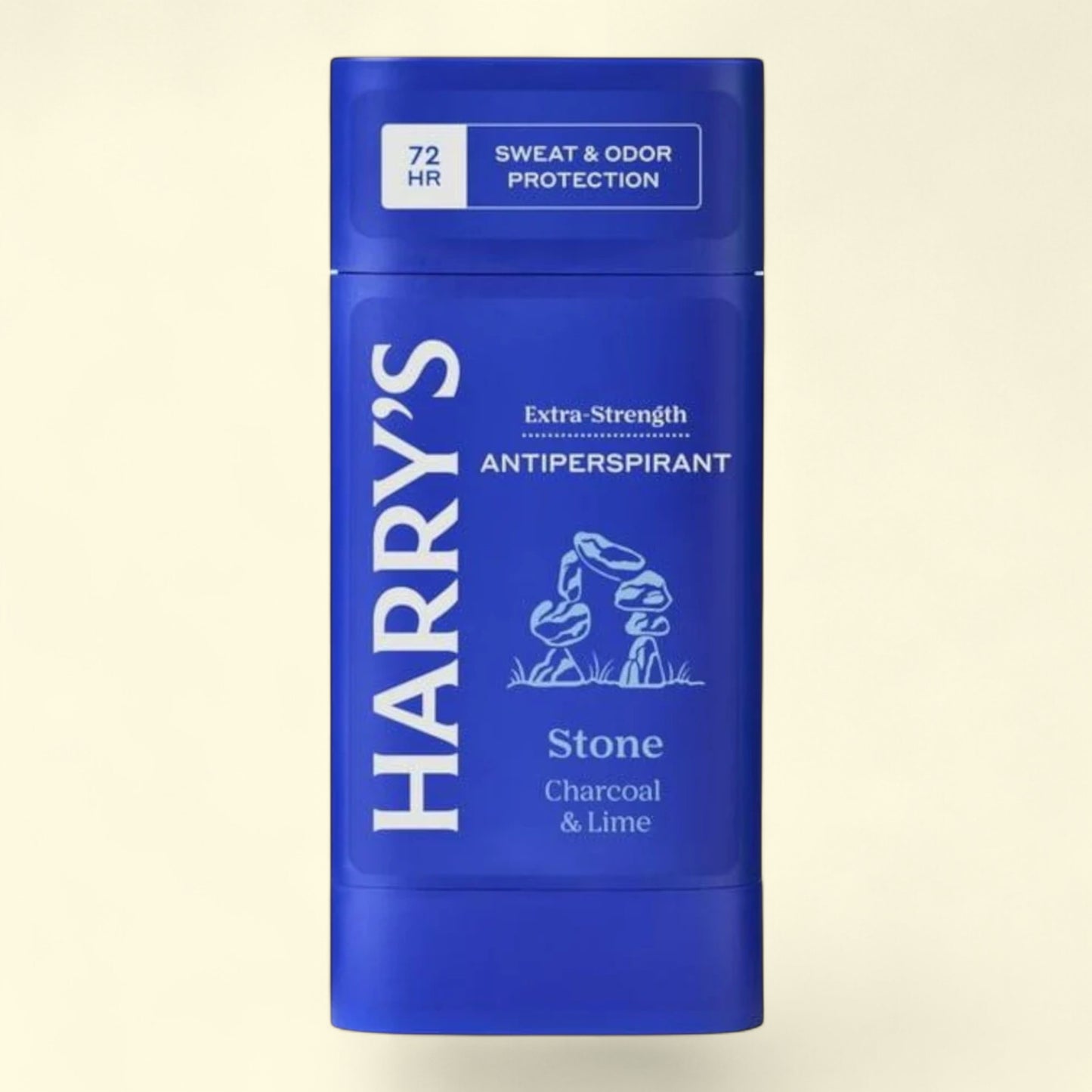 Blue antiperspirant stick with 'Harry's' branding