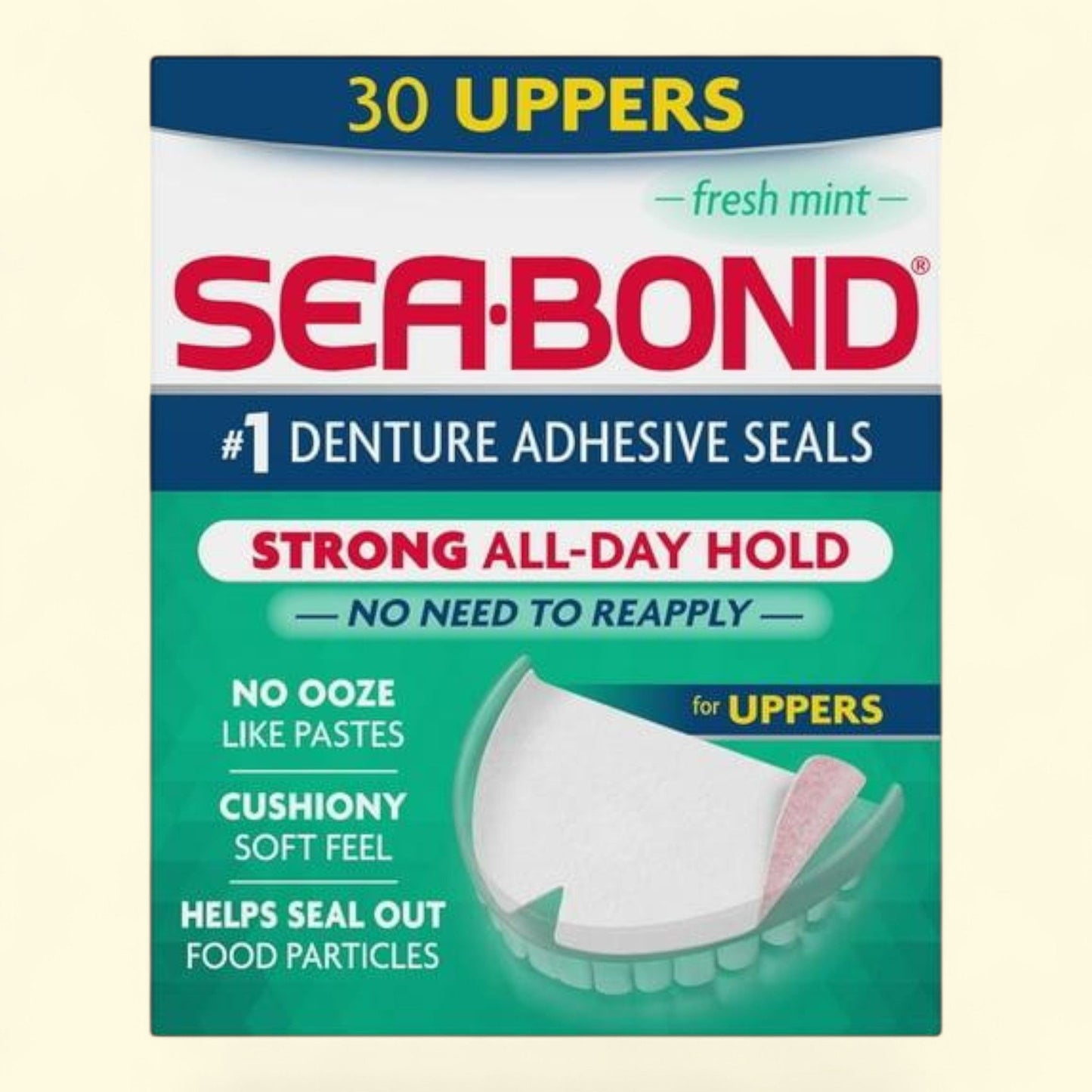 Sea Bond Denture Adhesive Seals, Fresh Mint Flavor, 30 Ct.