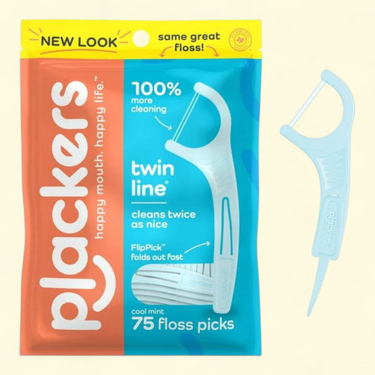Plackers Dental Floss Picks, Twin Line Dual-Line Tuffloss, Cool Mint Flavor, 75 Count