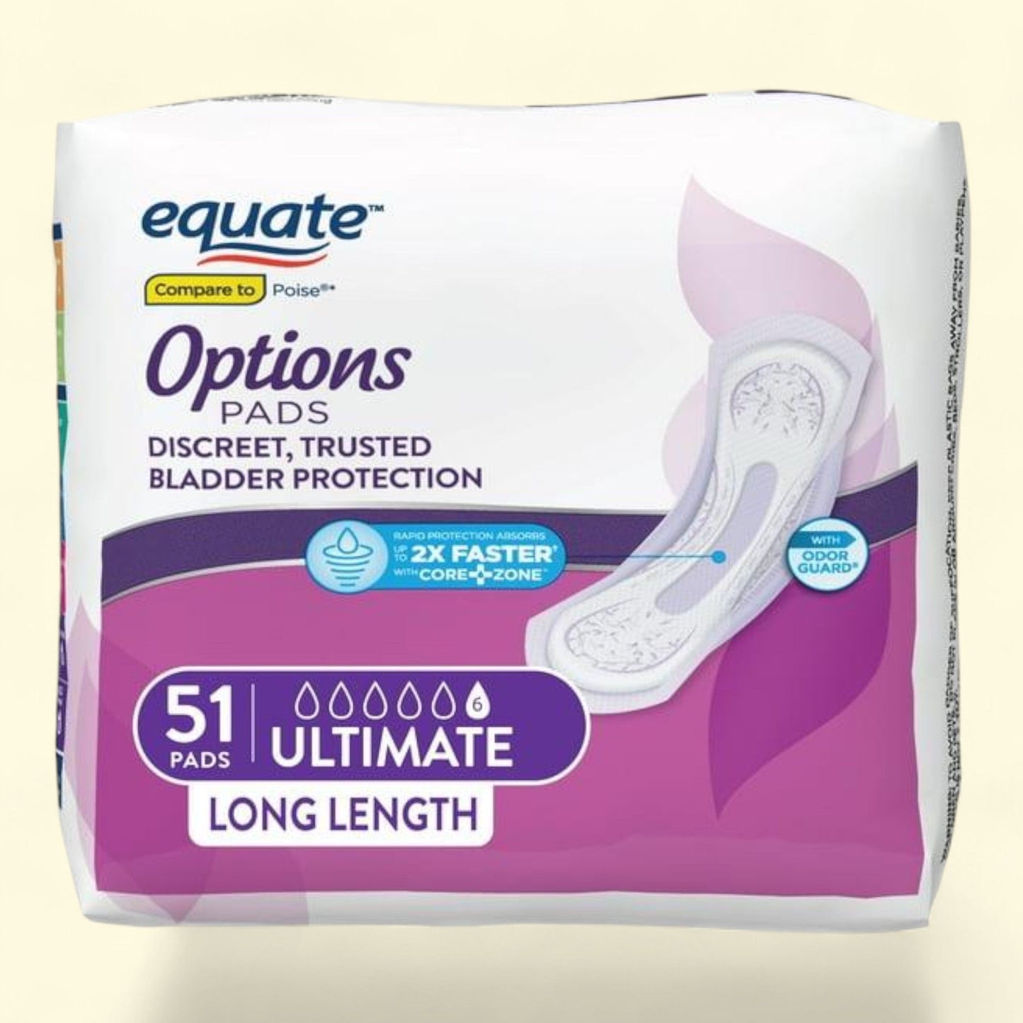 Equate Women's Incontinence Pads, Ultimate Absorbency, Long Length (51 Count)