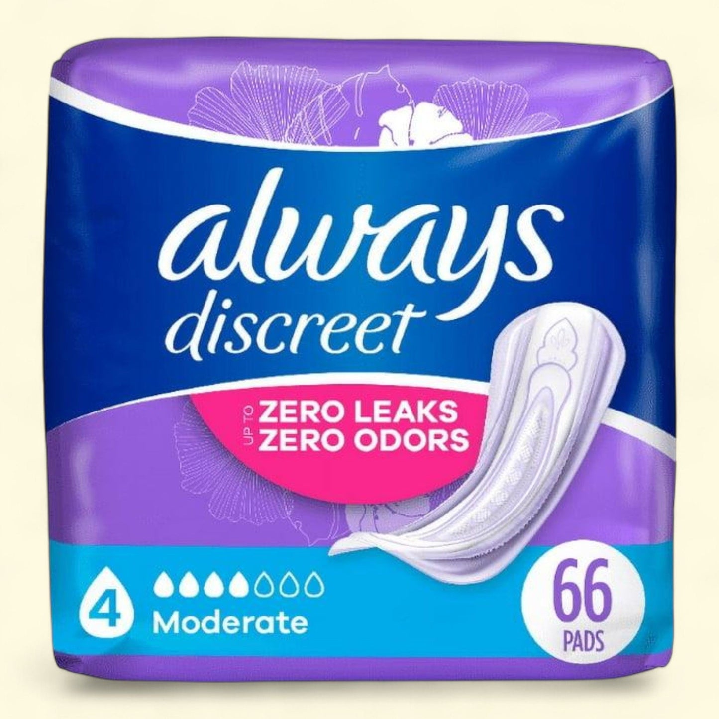 Always Discreet Incontinence Pads, Moderate Absorbency, Regular Length, 66 CT