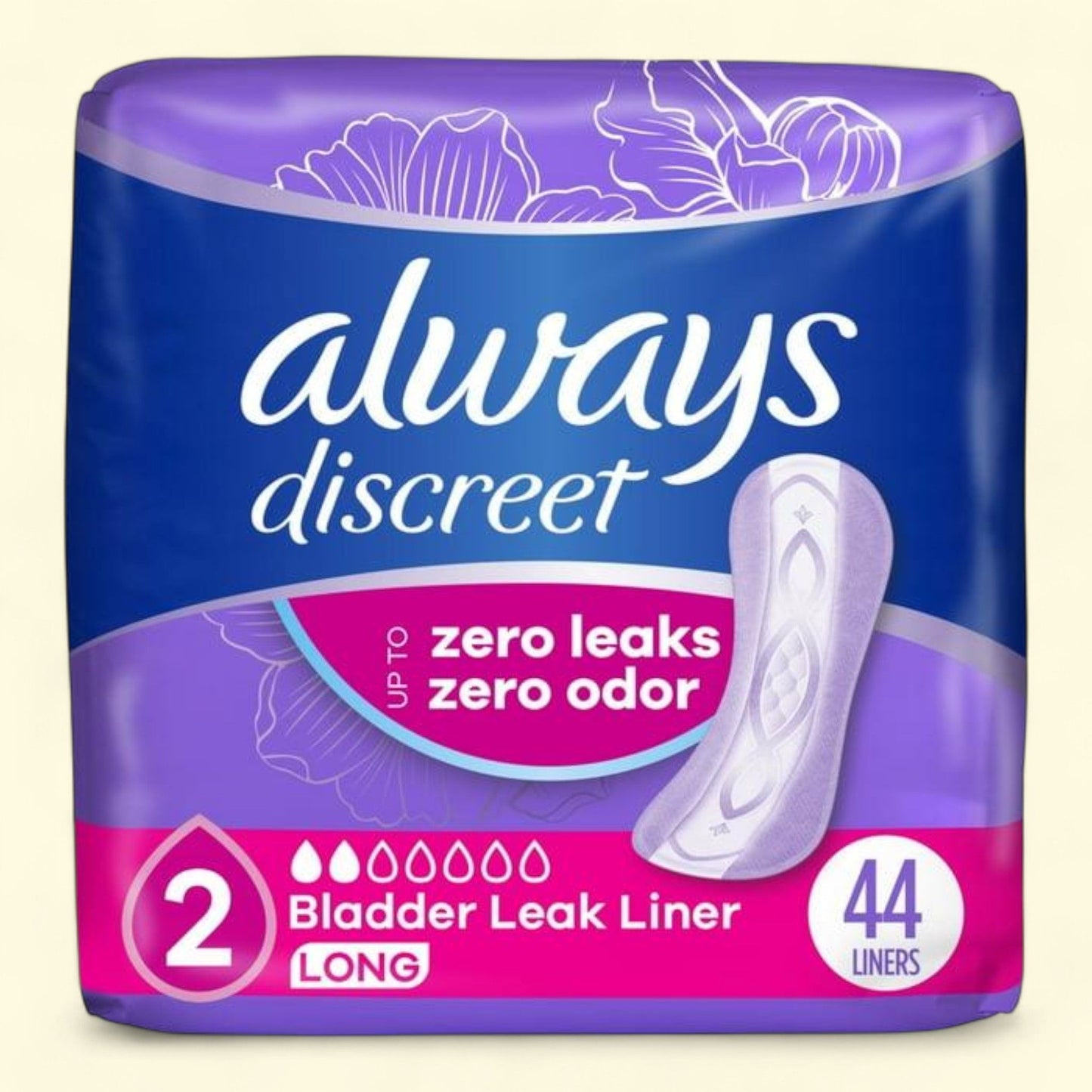 Always Discreet Incontinence Liners, Very Light Absorb, Long Length, 44 Ct