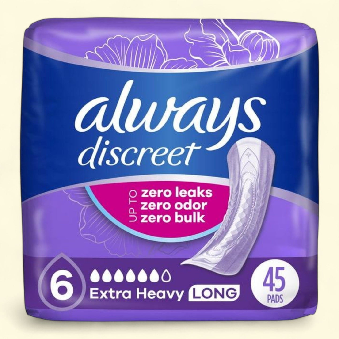 Always Discreet Incontinence Pads, Extra Heavy Absorbency, Long Length, 45 CT