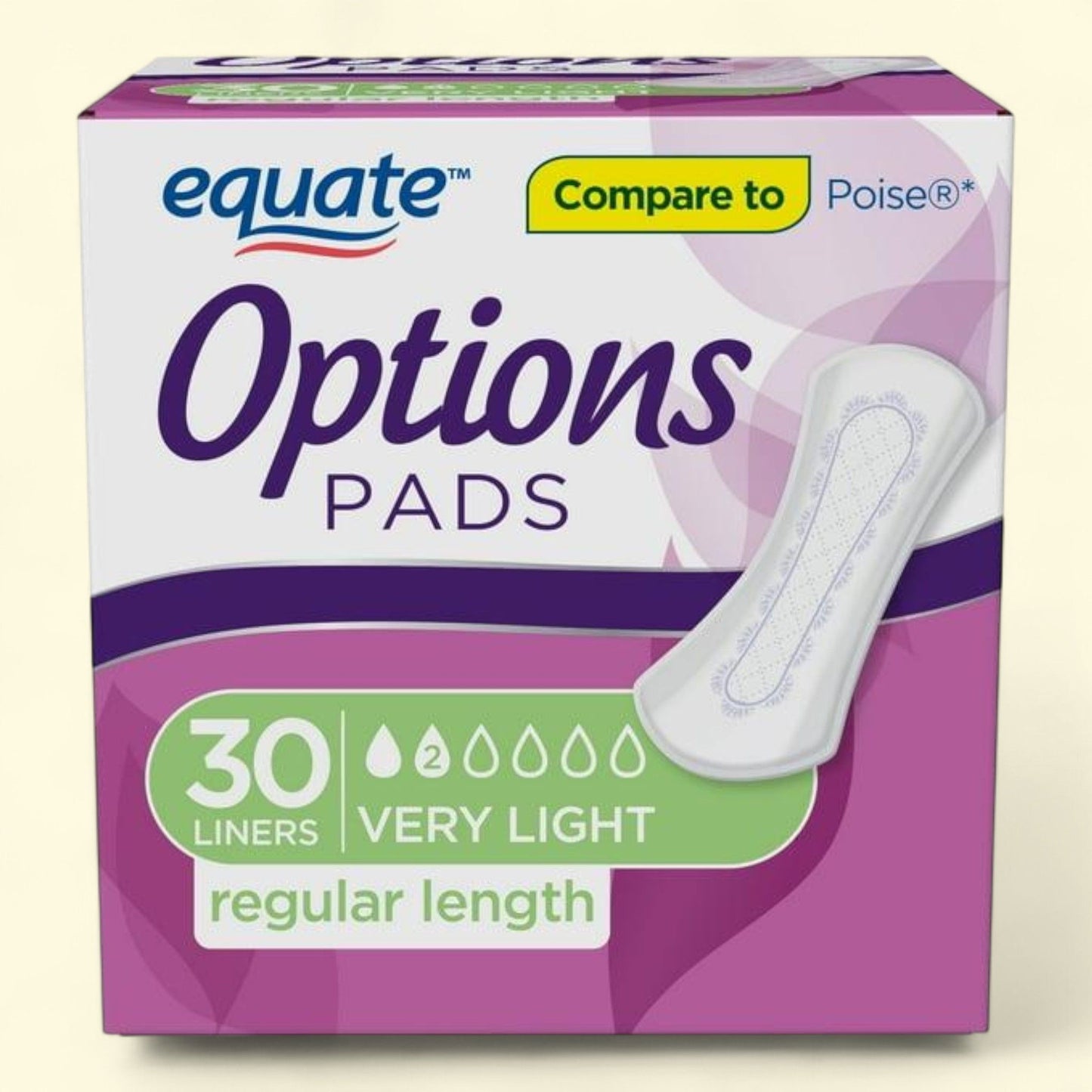 Equate Options Women's Incontinence Pads, Very Light, Regular Length (30 Count)