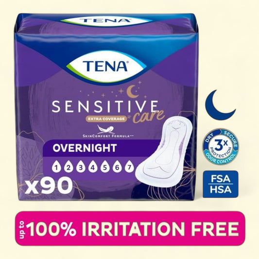 Tena Incontinence Pads, Sensitive Care Extra Coverage Overnight, 90 Count