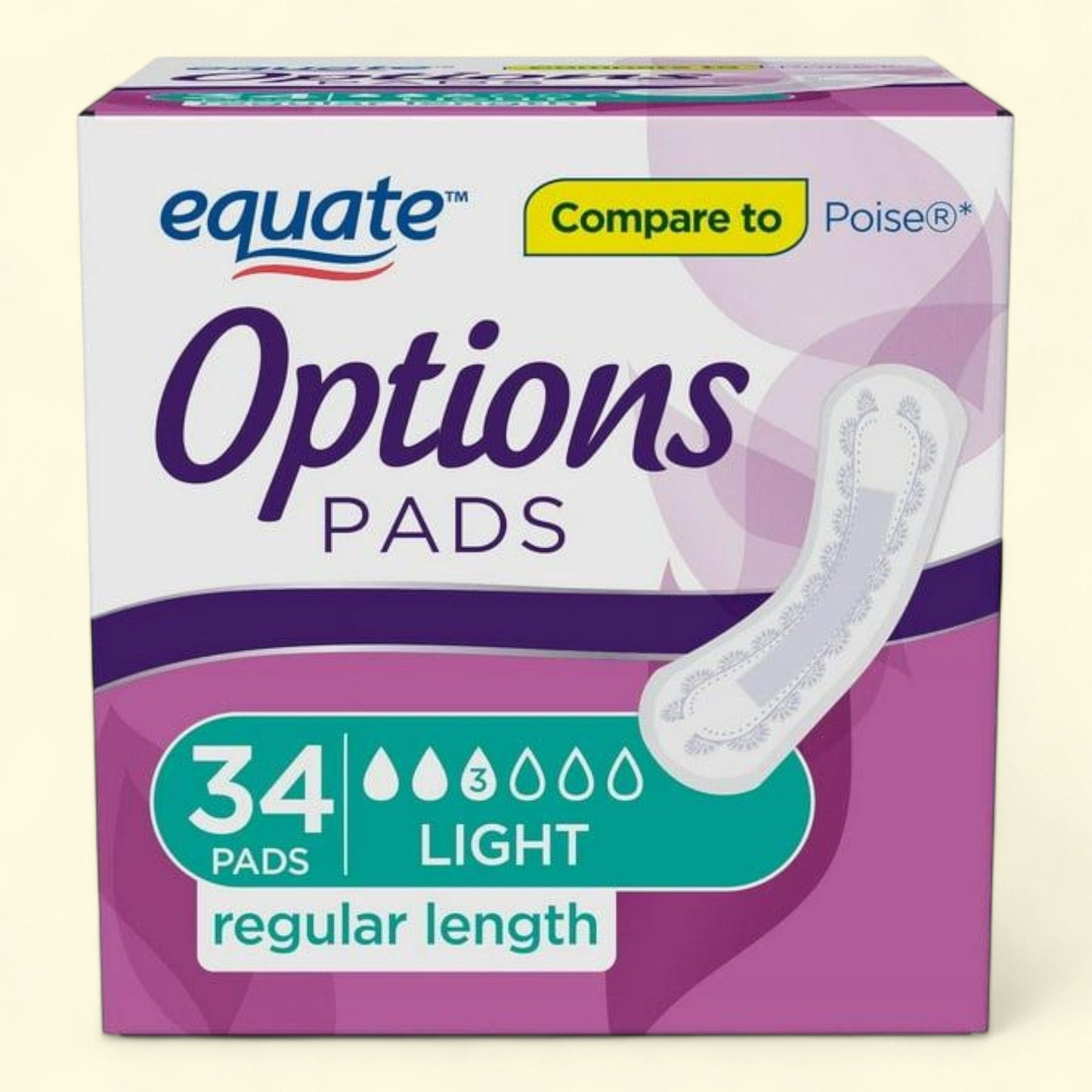 Equate Options Women's Incontinence Pads, Light Absorbency, Regular Length (34 Count)