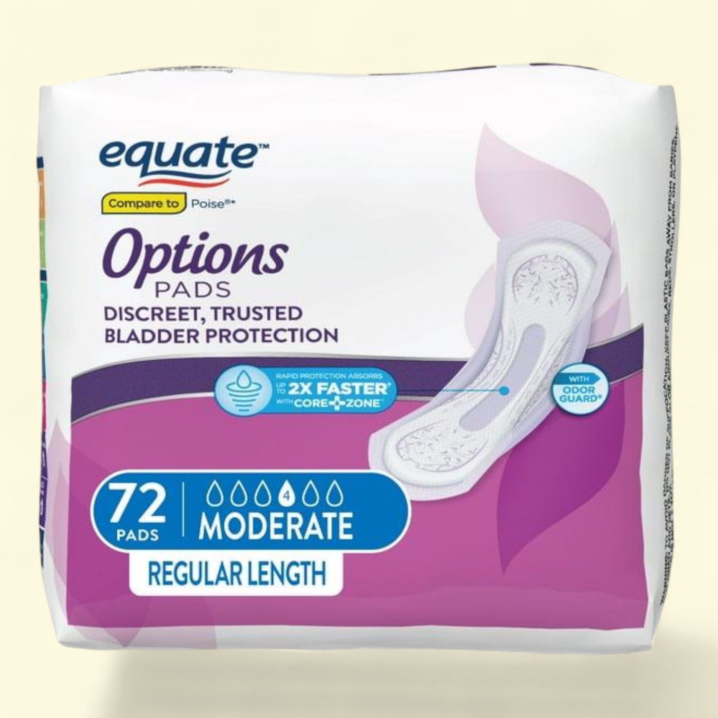 Equate Women's Incontinence Pads, Moderate Absorbency, Regular Length (72 Count)