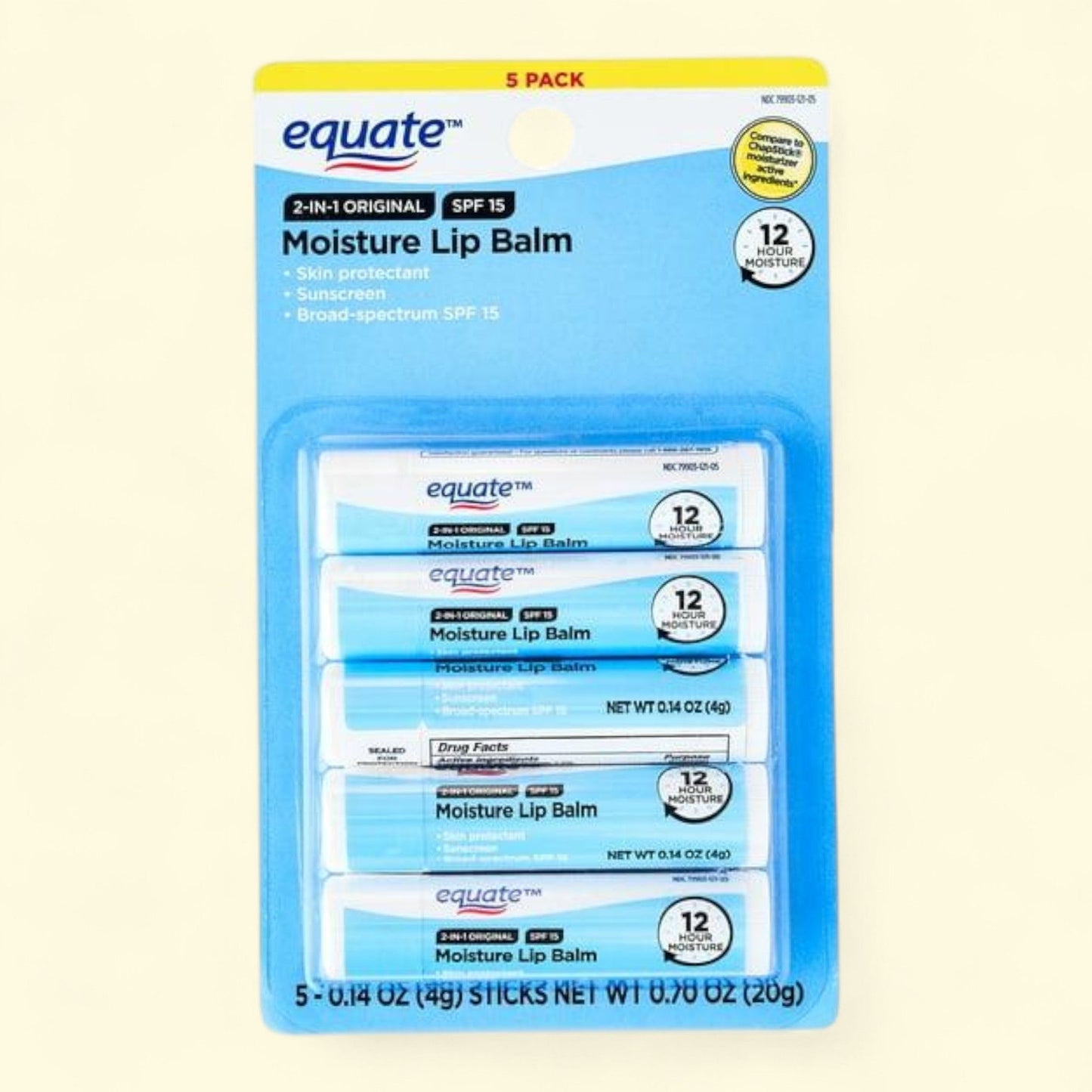 Equate Original SPF 15 Moisture Lip Balm, 0.7 oz, 5 Count