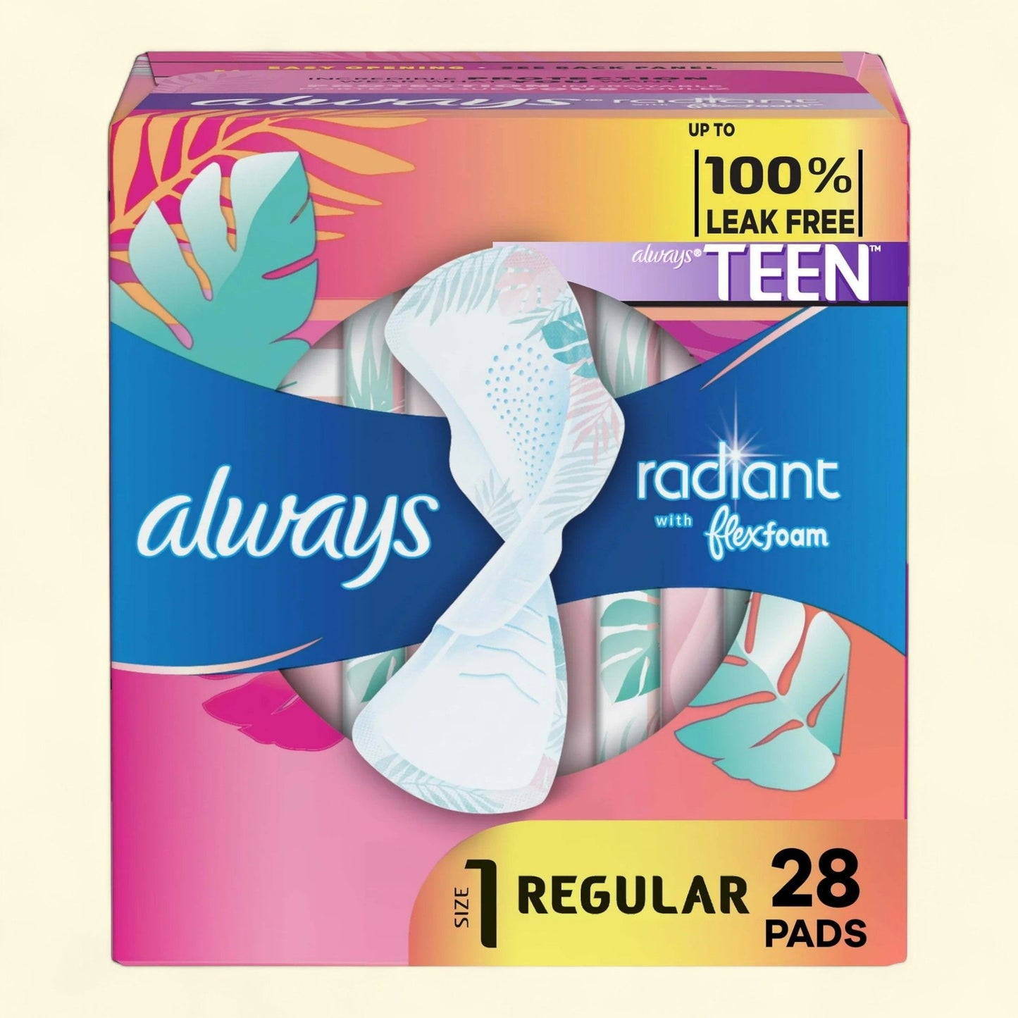Always Radiant Teen Pads with Wings, Size 1, 28 CT