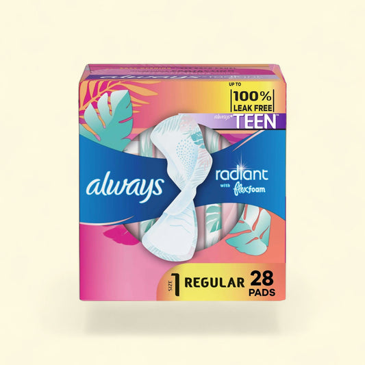 Always Radiant Teen Pads with Wings, Size 1, 28 CT — authentic US product shipped worldwide by Treatspree