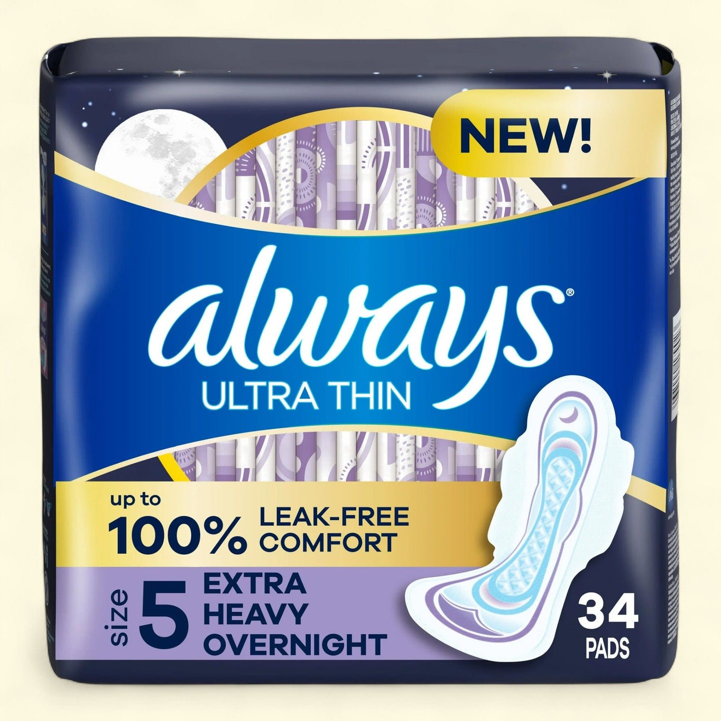 Always Ultra Thin Overnight Pads with Wings, Size 5, 34 Count