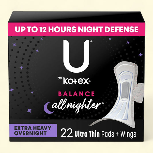 U by Kotex Balance Ultra Thin Overnight Pads with Wings, Extra Heavy Absorbency, 22 Ct