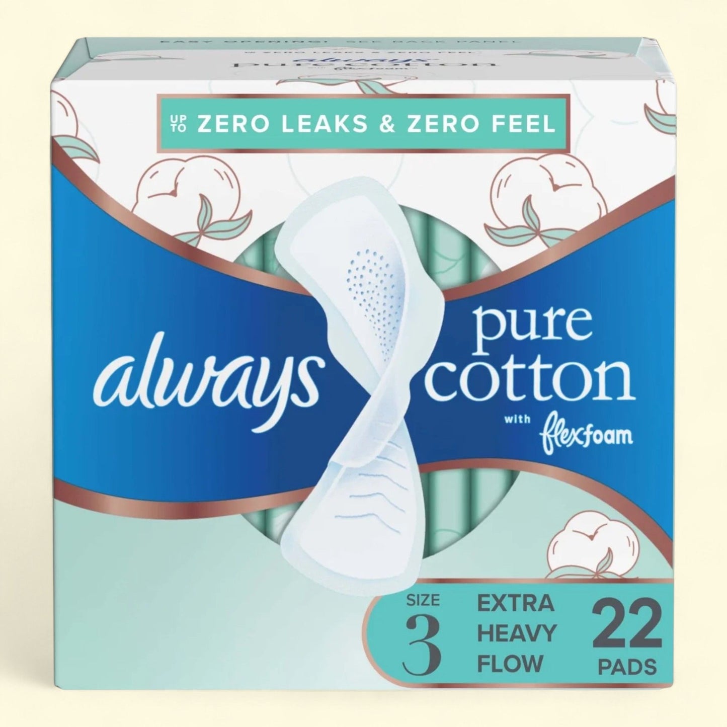 Always Pure Cotton Feminine Pads, Size 3, 22 Count