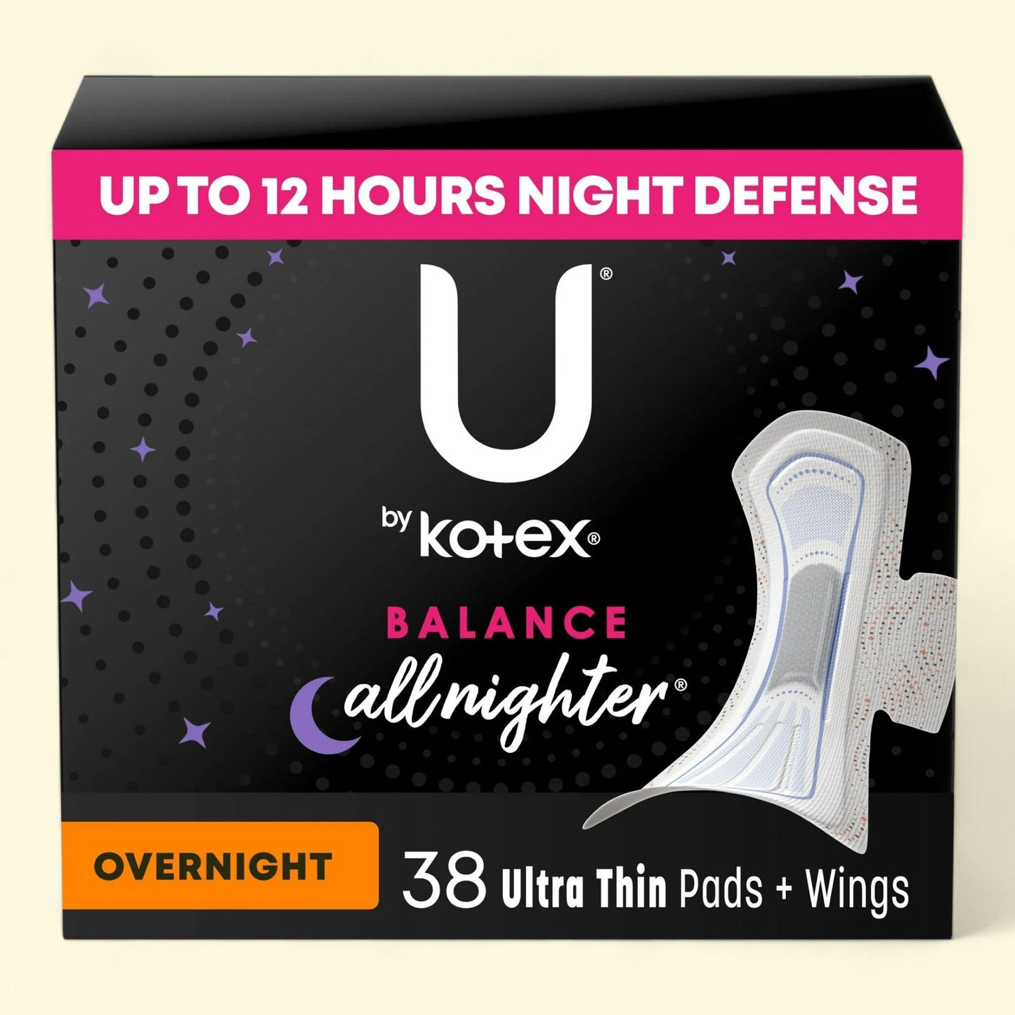 U by Kotex Balance Ultra Thin Overnight Pads with Wings, 38 Ct