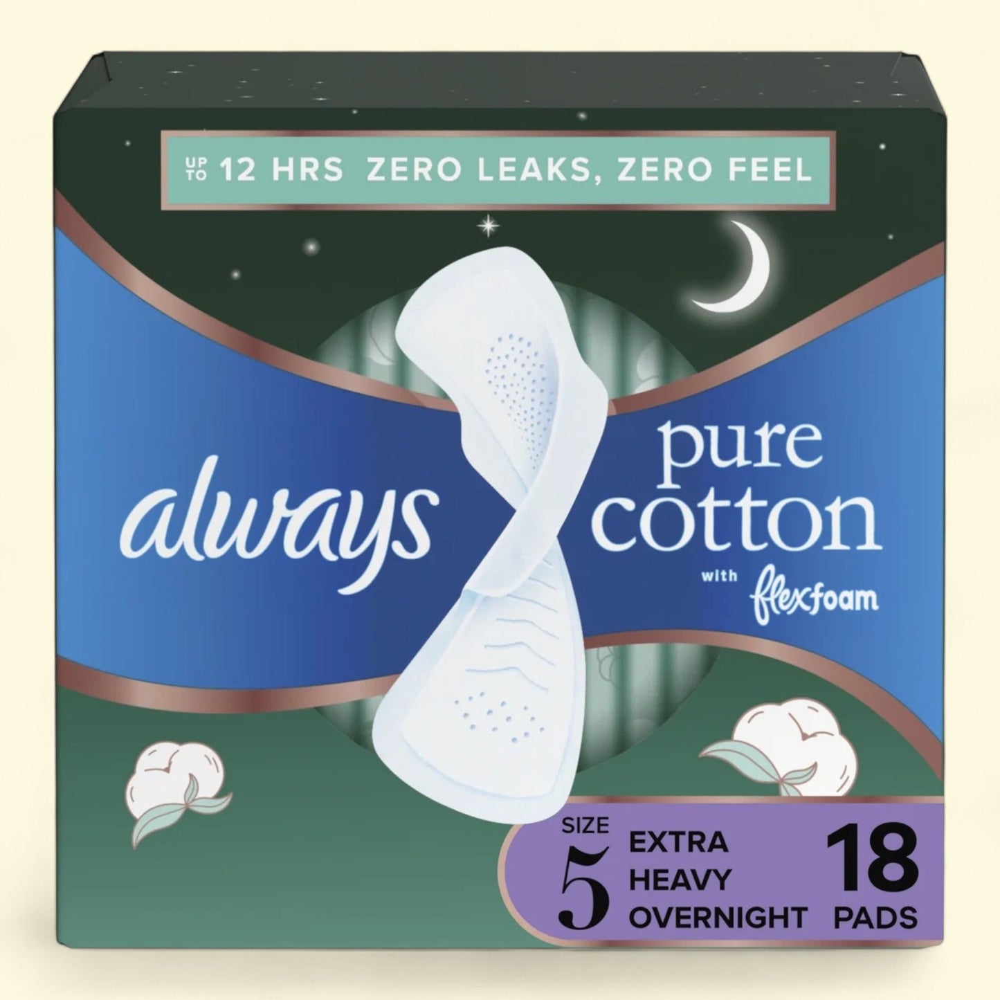 Always Pure Cotton Feminine Pads With Wings, Size 5, 18 Count