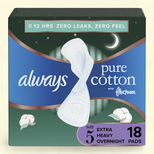 Always Pure Cotton Feminine Pads With Wings, Size 5, 18 Count