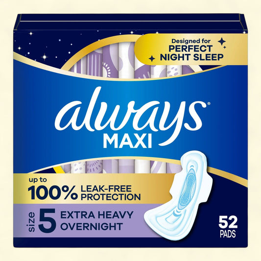 Always Maxi Overnight Pads with Wings, Size 5, 52 Count