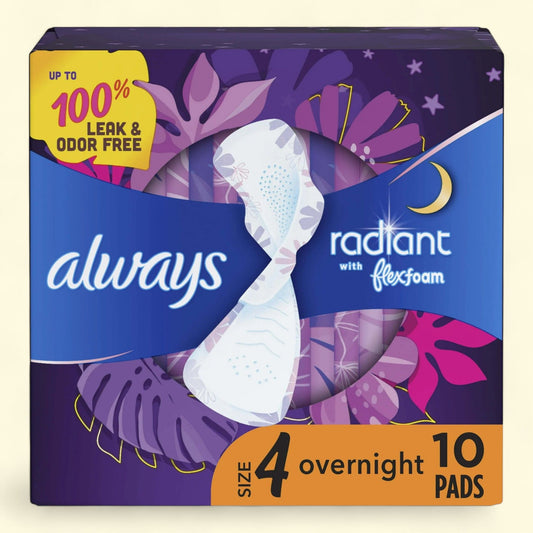 Always Radiant Feminine Pads, Size 4, 10 Count