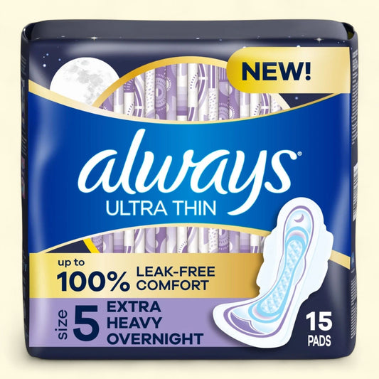 Always Ultra Thin Overnight Pads with Wings, Size 5, 15 CT