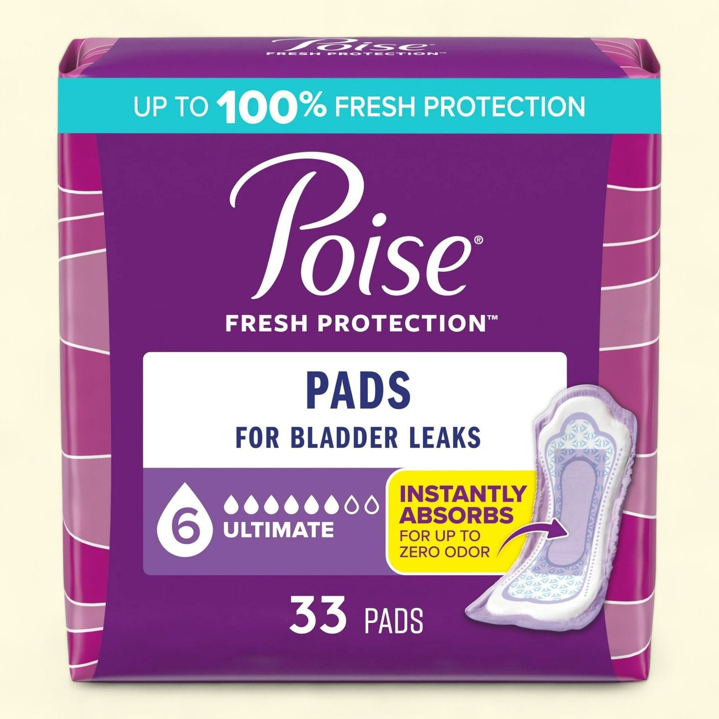 Poise Incontinence Pads, 6 Drop Ultimate Absorbency, Regular Length, 33 Count