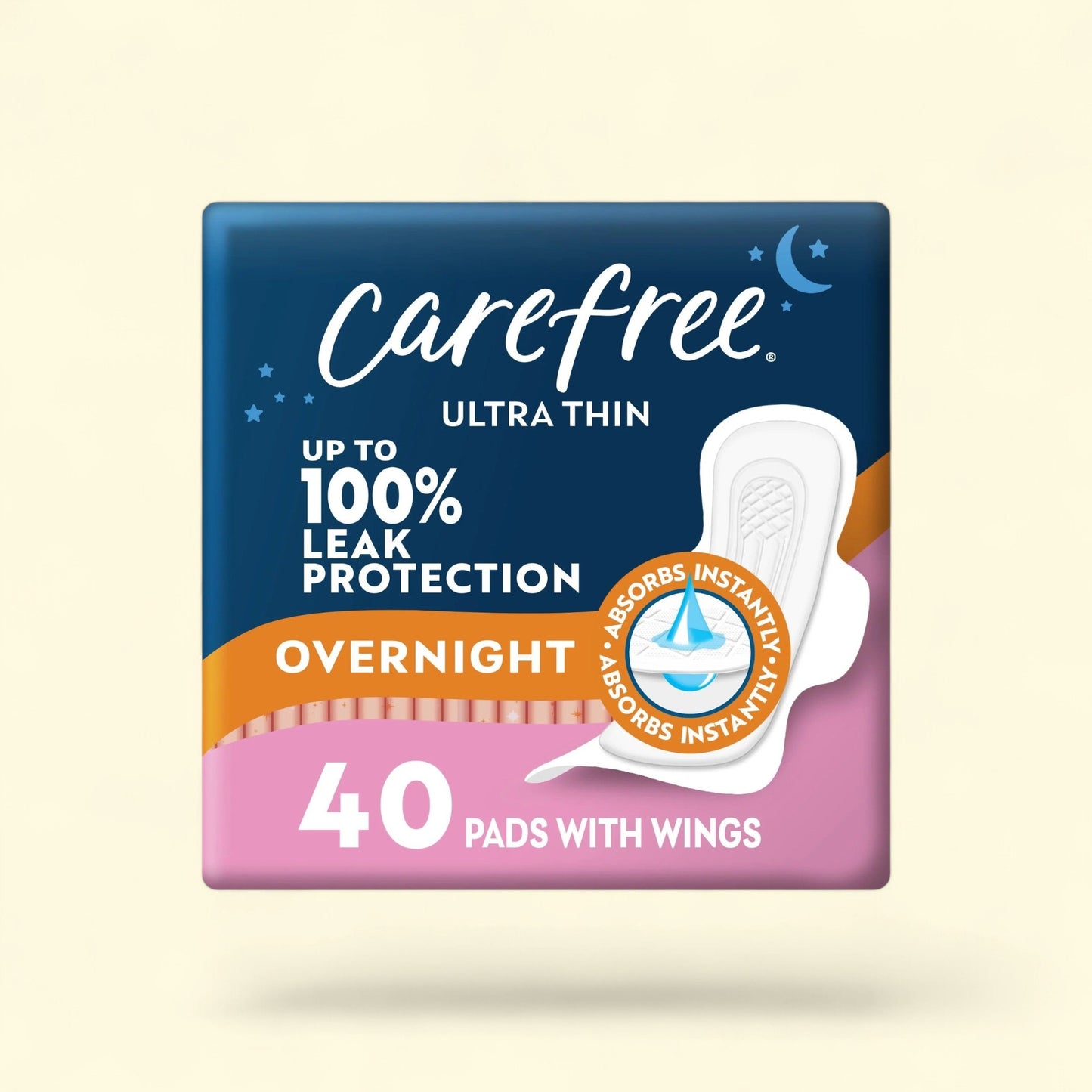 Carefree Ultra Thin Pads, Overnight with Wings, 40 CT — authentic US product shipped worldwide by Treatspree