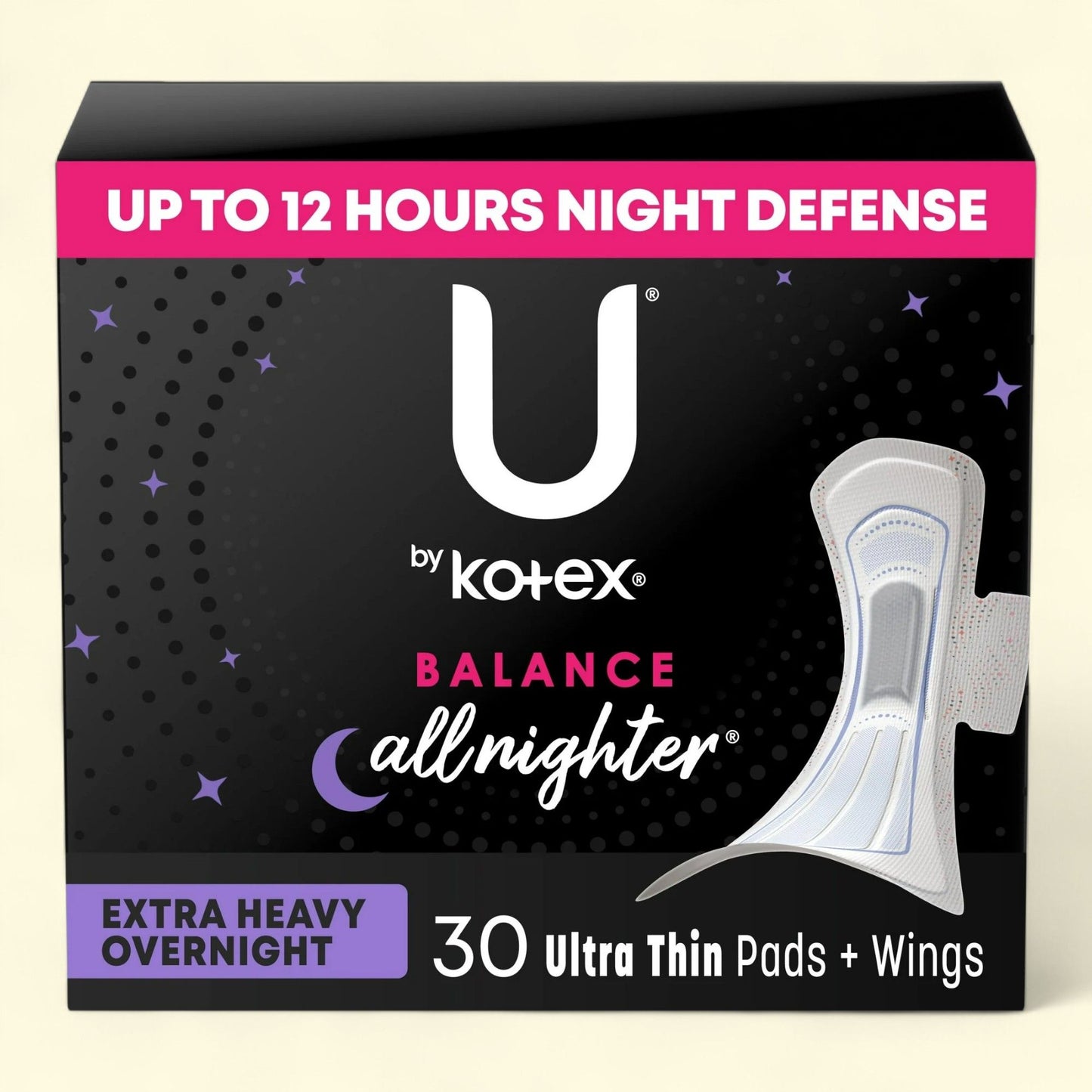 U by Kotex Balance Ultra Thin Overnight Pads with Wings, 30 Count