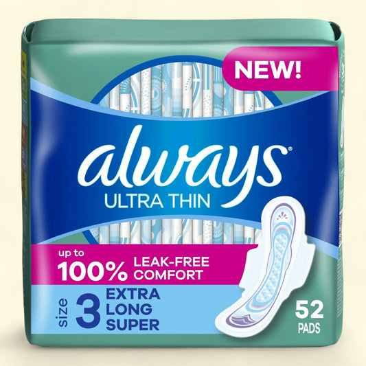 Always Ultra Thin Pads, Size 3, Extra Long Super Absorbency, 52 CT
