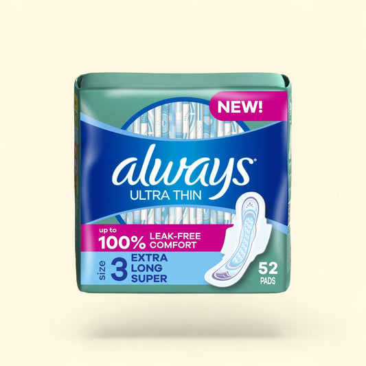 Always Ultra Thin Pads, Size 3, Extra Long Super Absorbency, 52 CT — authentic US product shipped worldwide by Treatspree