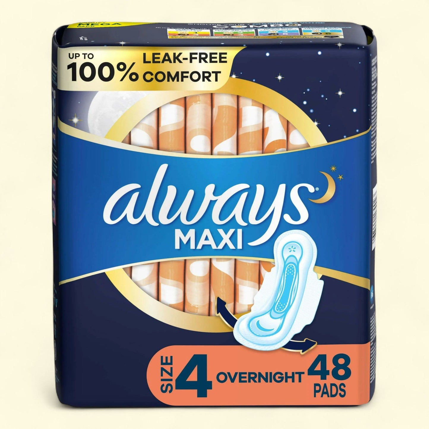 Always Maxi Overnight Pads with Wings, Size 4, 48 Ct