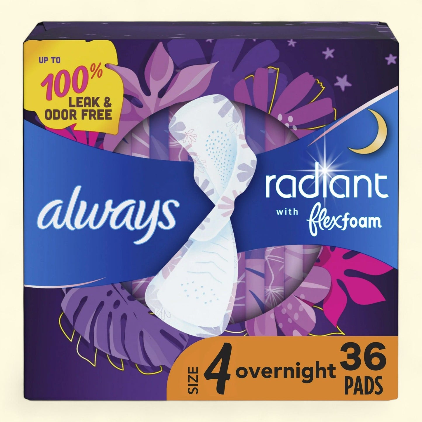 Always Radiant Feminine Pads, Size 4, Overnight Absorbency, 36 CT