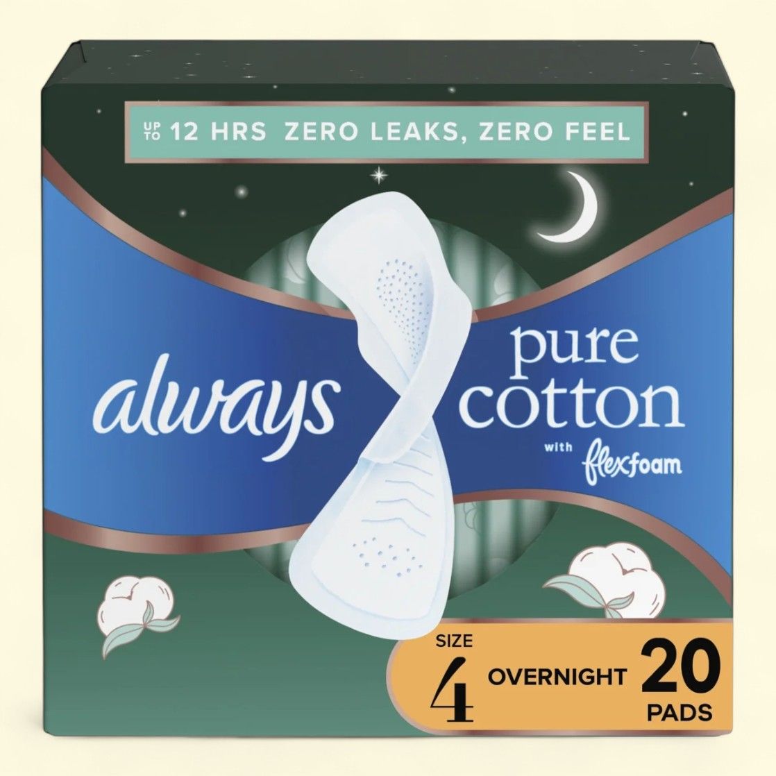 Always Pure Cotton Feminine Pads With Wings, Size 4, 20 Count